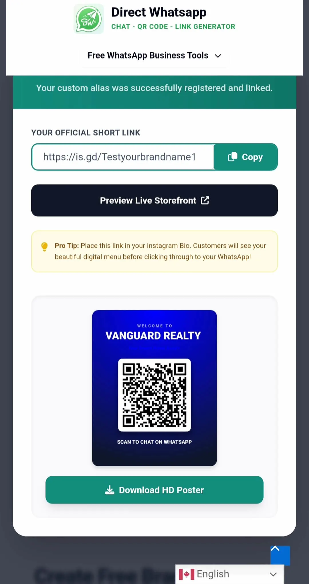 Preview of the free WhatsApp mobile digital storefront layout showing business menu