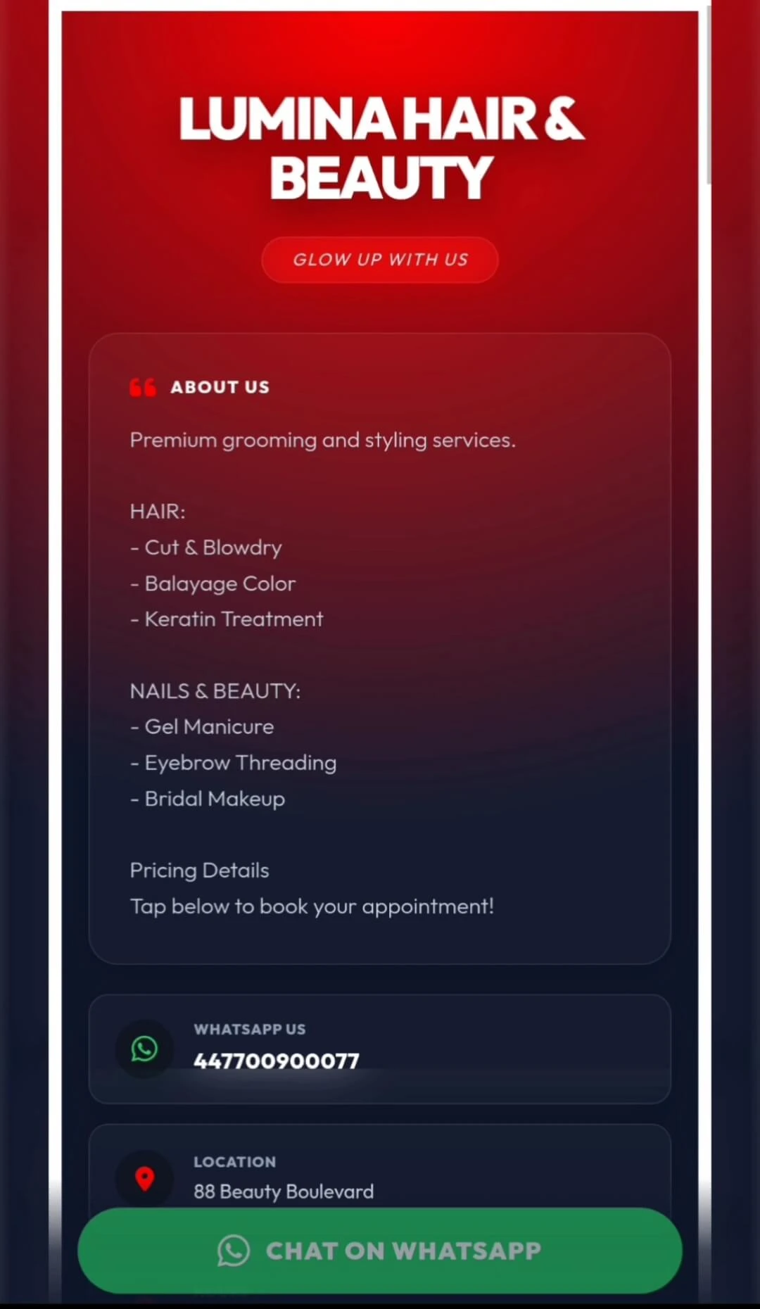 Dashboard showing generated live link and settings for the WhatsApp storefront